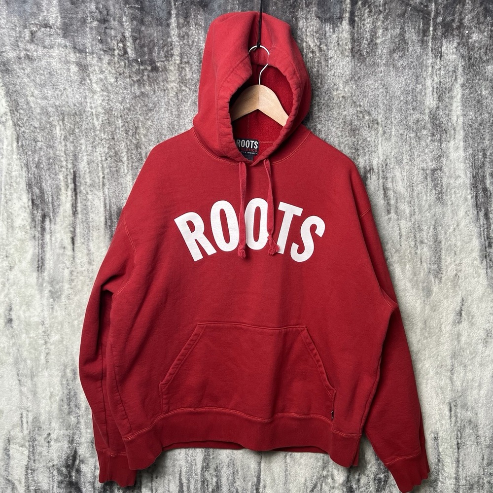VTG Roots Athletics Hoodie Men's XL Red White Logo Spellout Pullover Sweatshirt